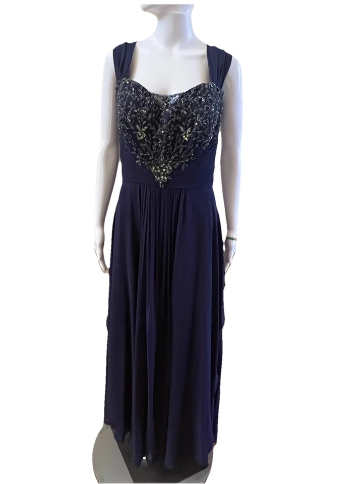 VESTIDO DE NOCHE MONTAGE BY MON CHERI AZUL MARINO Talla 14 VESTIDO MAXI DE GASA CON CUENTAS Busto 42 Foto 3 de 4