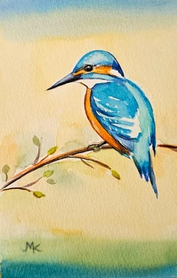 Eis Vogel Blau Original Aquarell Heimische Vögel Bird v. Künstler - Bild 1 von 2
