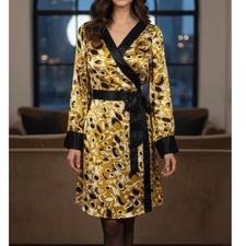 BCBG Max Azria Adele Wrap Dress M Black Gold Satin Abstract Y2K Geometric Midi