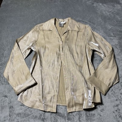 VTG 90s Fred David Gold Satin Button Top Womens Size S Preppy Whimsy