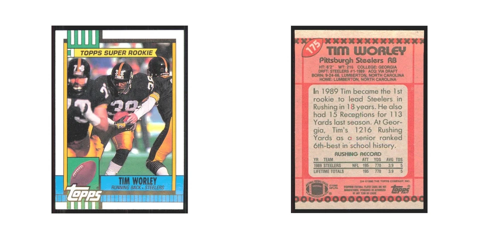 1990 Topps Tim Worley Steelers #175 - Image 3 of 3