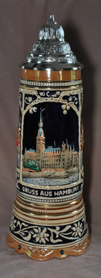 Vintage German Lidded Beer Stein Music Box Base 11'' Gruss Aus Hamburg Silver lid