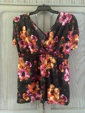 Beautiful Floral Hippie Tunic Pure Energy Large V~Neck Tie Back Top Blouse