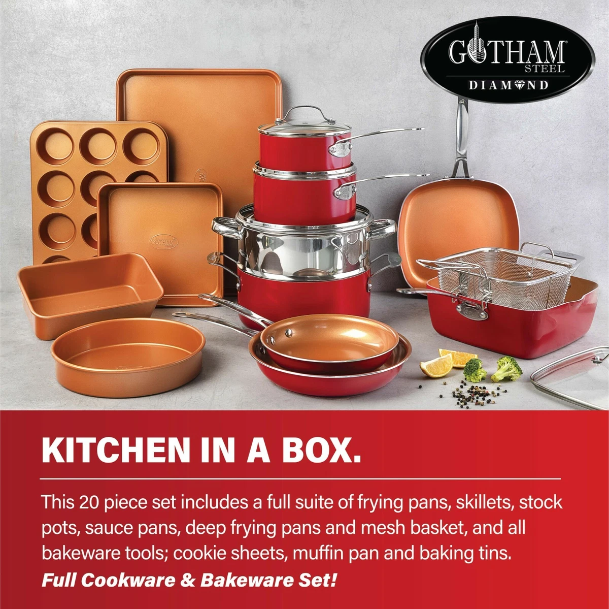 Gotham Steel 20 Piece Red Cookware and Bakeware Set with Ceramic Copper  Coating