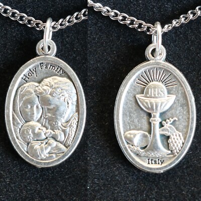 Women Necklace Holy Family & Eucharist Medal 18" Stainless Steel Chain ...