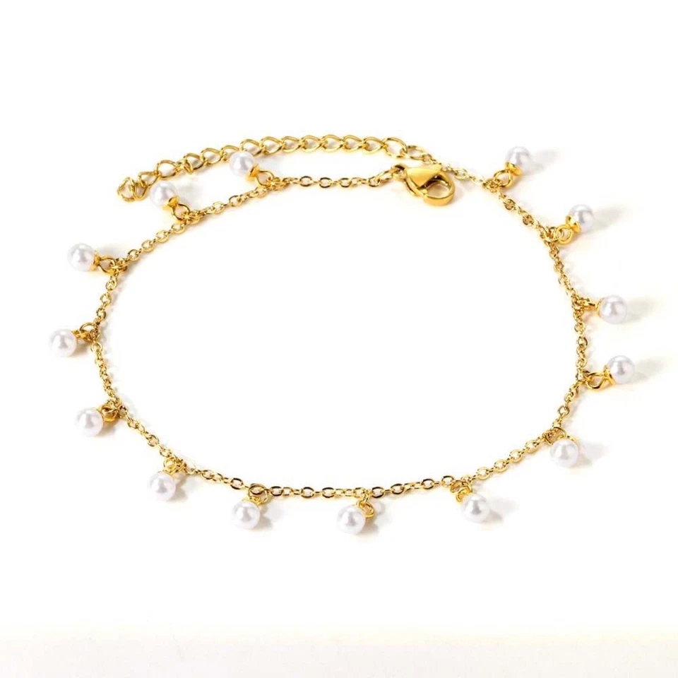Tobillera de perlas, tobillera de acero inoxidable chapada en oro, sin níquel Foto 3 de 4