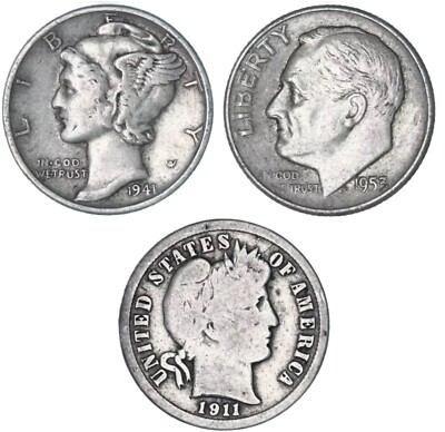 Lot of 3 Coins - Barber, Mercury & Roosevelt 90% Silver Dimes Nice Set US Coins!