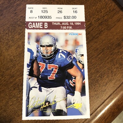 1994 Fleer Ticket Stub Pat Harlow New England vs. Washington  27-17 final