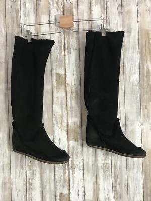 LANVIN Black Shearling Suede Knee High Hidden Wedge Boot Black 37.5 USED WORN