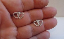 925 STERLING SILVER TWO HEART STUD EARRINGS /SZ 15MM BY 11MM