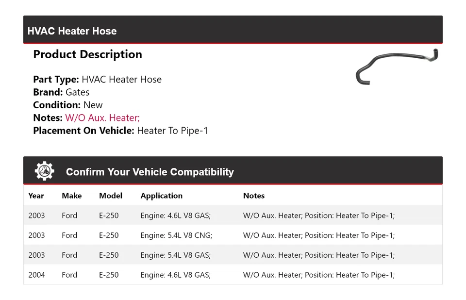 Para Ford E-250 2003-2004 HVAC Calentador Manguera Calentador a Tubería-1 Puertas Foto 2 de 4