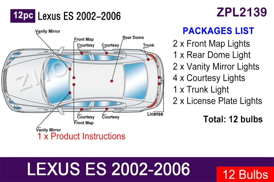 13pc LED Interior Light Upgrade for 2002-2006 Lexus ES300 ES330 White Light Bulb - Изображение 2 из 4