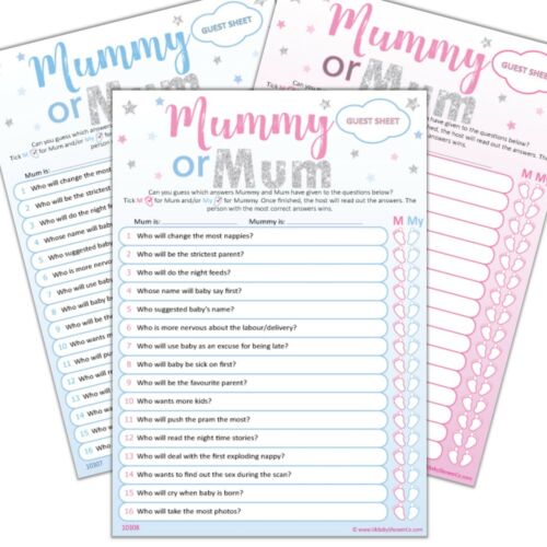 MUMMY OR MUM - Same Sex Couples Baby Shower Game Boy Blue Girl Pink Unisex Party - Afbeelding 1 van 10