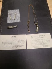 MICHAEL MICHAUD Pea Pod Three Pearl Drop Earrings, Necklace, & Brooch.