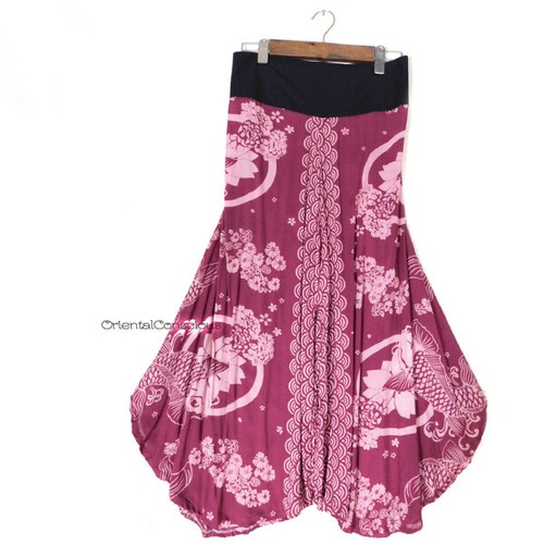 Pantaloni larghi Hakama modello carpa grandi rosa rayon Giappone Asia Boho Hippy - Foto 2 di 13