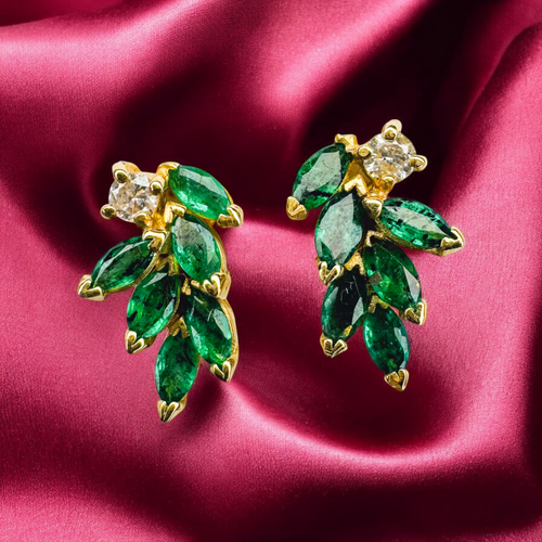 Vintage -14K Gold- Natural Emerald & Diamond Earrings - 2.5CT - Foliage -2.6g