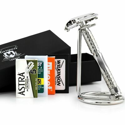 Twist Open Butterfly DE Safety Razor  Unisex Shaver with Stainless Steel Stand