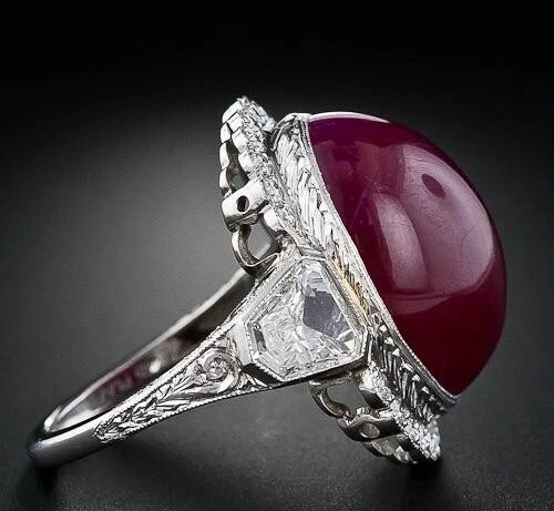 26 Carat Oval Cabochon Ruby & Round CZ Engagement Vintage 925 Silver Women Ring - Image 3 of 4