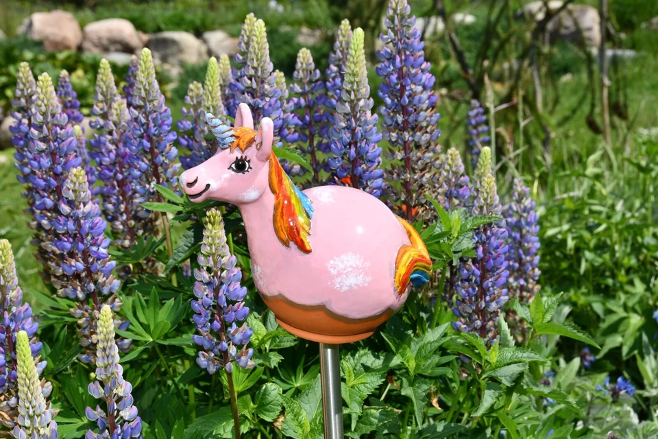 Bola de Jardín Cerámica Decoración Estatua Unicornio Rosa H20cm Midene Hecha a Mano Foto 4 de 4