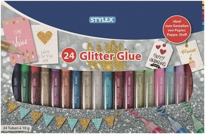 Glitter Glue 3D 24 je 10g Tuben Klebstoff f. Papier Karton Stoff (24,96 EUR/kg)