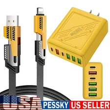 120W 6-Port USB C Fast Wall Charger & 4-in-1 Cable For All Cell Phone iPad Lot