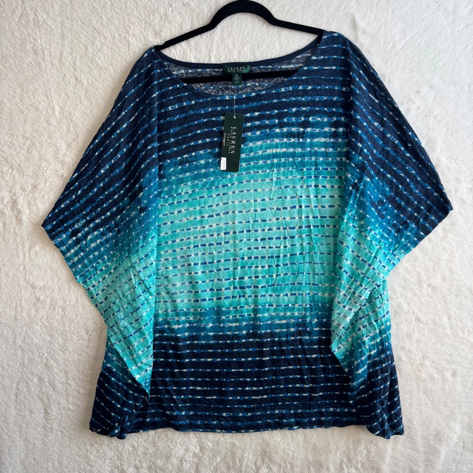 Lauren Ralph Lauren Poncho Blouse Women's 3X Linen Blue Dolman Beach Boho NEW