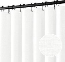 W72 L90 Extra Long Linen Shower Curtain White 12 Metal Hooks