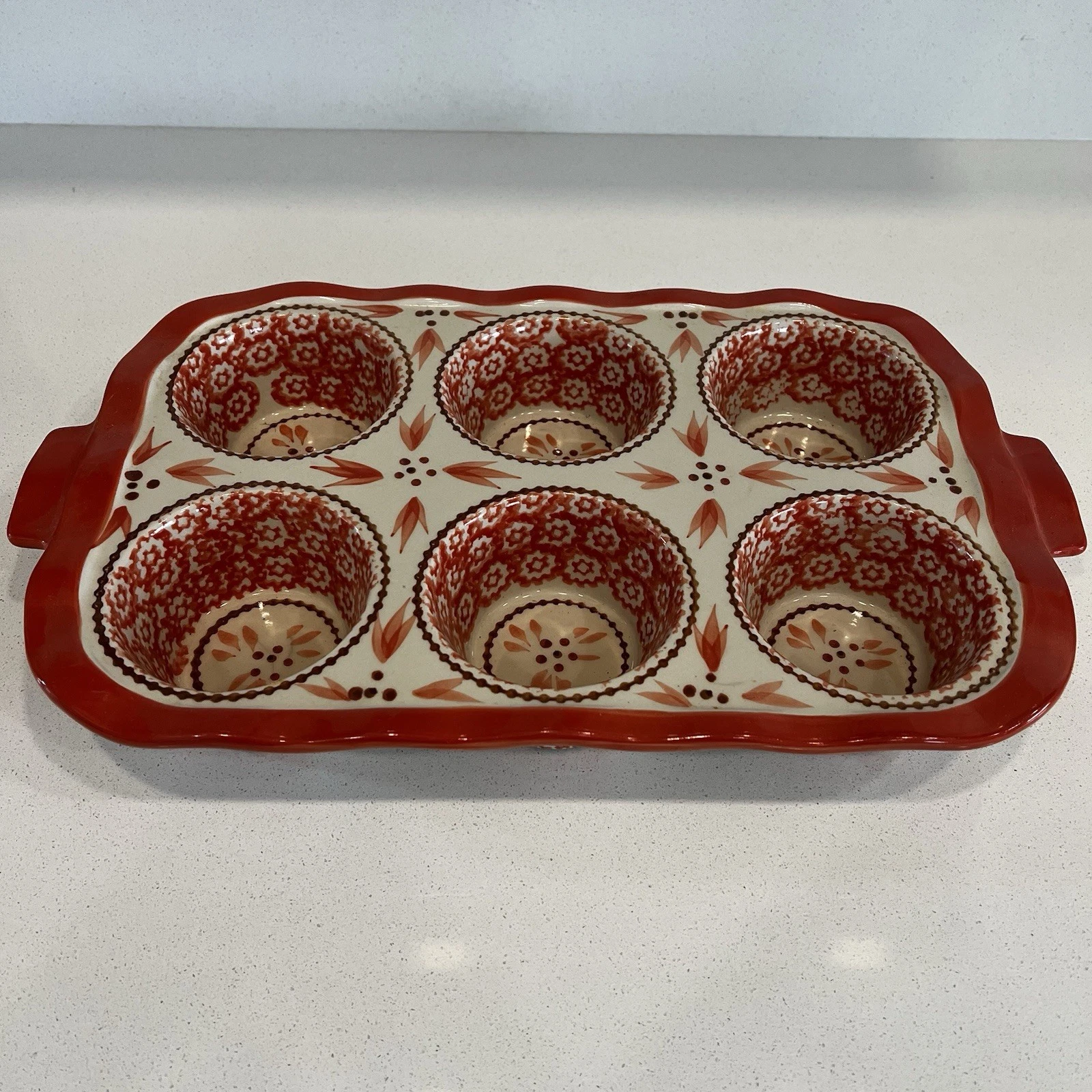 Temptations Old World Ceramic Ovenware Orange 6 Cup Cupcake Muffin Pan Bakeware
Opens in a new windo