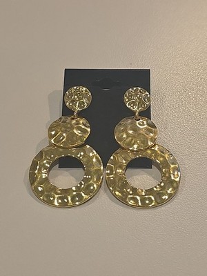 Gold Tone Hammered Metal Triple Drop Circle Dangle Post Earrings