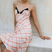 Realisation Par The Karlie Summer Check Silk Maxi Dress XS White Black Orange