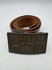 Vintage Brass Winchester Repeating Arms Belt Buckle  Leather Belt - Made In USA