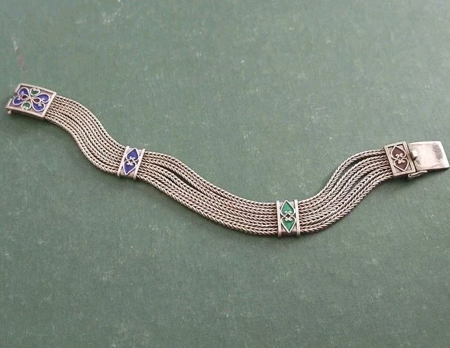 Thailand Sterling Silver 925 Enamel And 5 Foxtail Link Chain Bracelet 