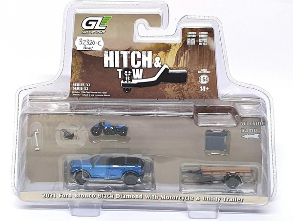2021 Ford Bronco Schwarz Blau AnhäNger Motorrad 1:64 Greenlight 32320C-image