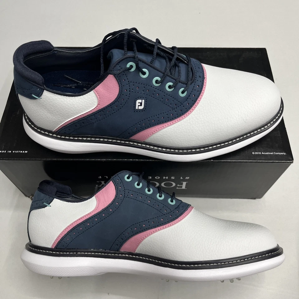 FootJoy Mens Size 10M Traditions Golf White/Blue/Pink Leather #57959 Golf Shoes - Image 4 of 4