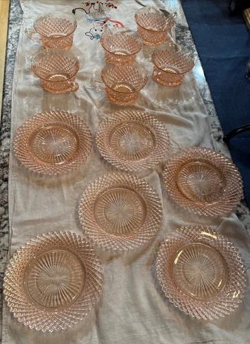 6 Vintage Pink Miss America Depression Glass Plate  With 6 Cups 5 3/4 Inch Round