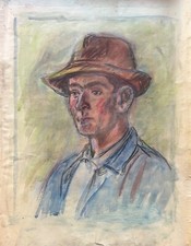 Ritratto Acquerello Uomo Con Cappello Anonimo Metà Secolo #8