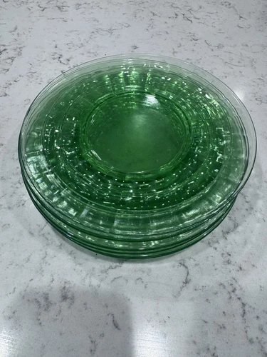 Set of 4 Vintage Green Uranium Glass 8 1/4" Block Optic Anchor Hocking Plates