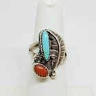 Vintage Old Pawn Sterling Silver Split Shank Turquoise Coral Feather Ring ~ 6.5