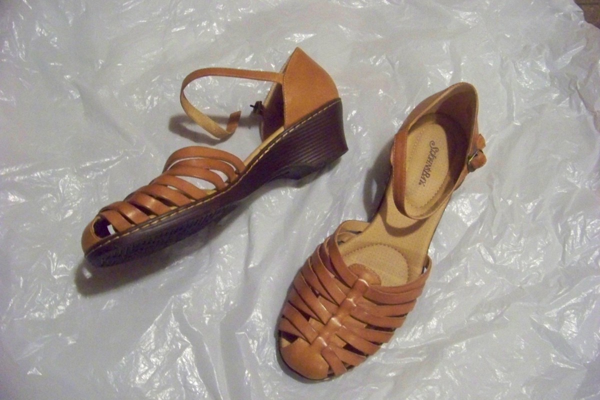 womens st john's bay brown leather multi strap ankle strap heels