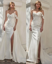 Beach Boho Satin Wedding Dresses with Spaghetti Straps Sexy Side Split Bridal