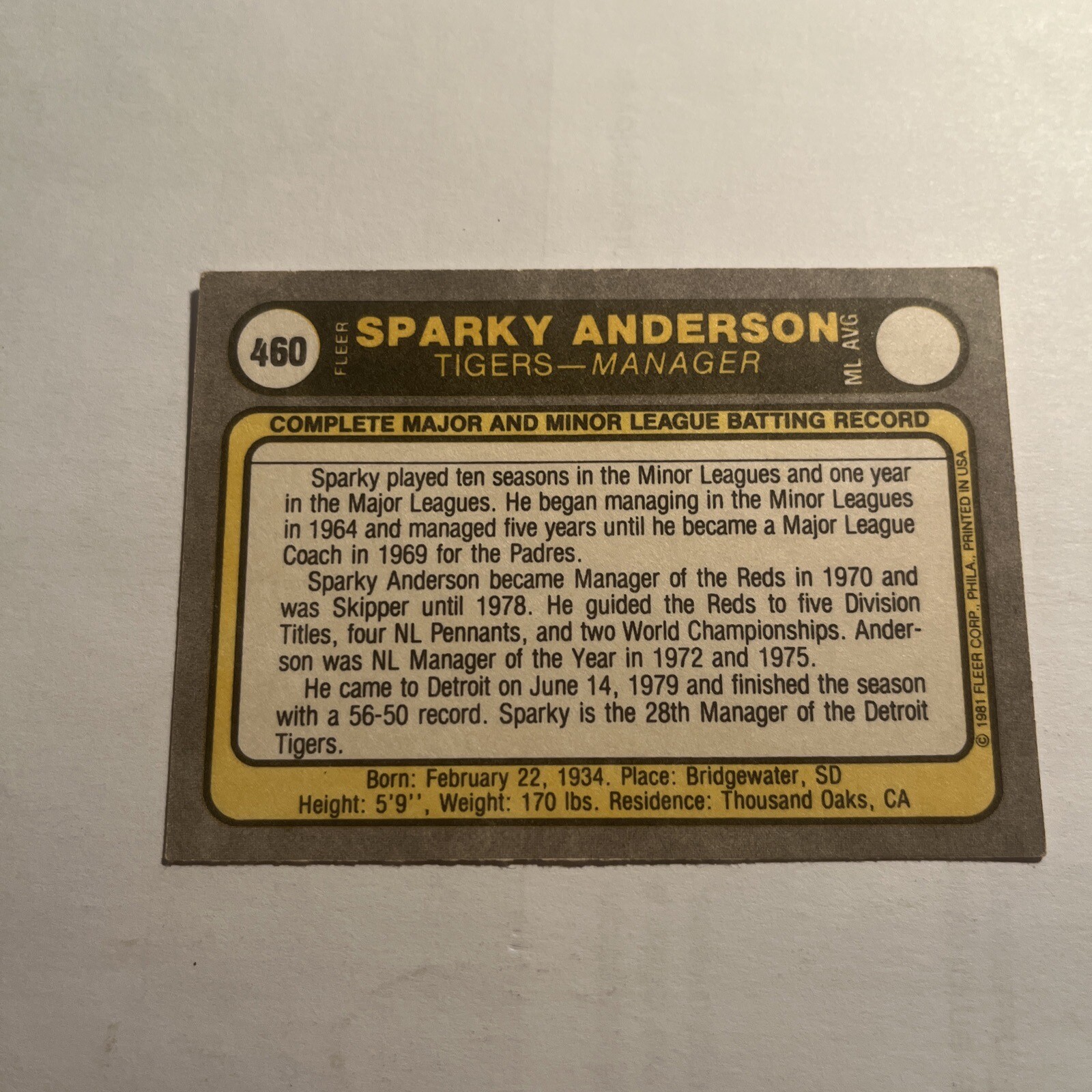 1981 Fleer Sparky Anderson #460 Detroit Tigers