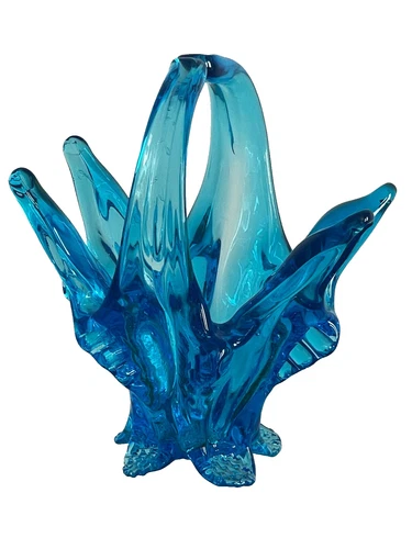 Vintage Blue Blown Glass Basket Unmarked Murano Style
