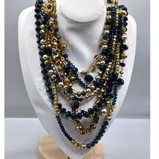 Vintage Stunning Collar Length Multi-Strand Gold and Black Glass Beads Necklace