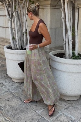 ZARA NEW WOMAN MID RISE SEMI-SHEER ZW COLL FLORAL BALLOON PANTS L