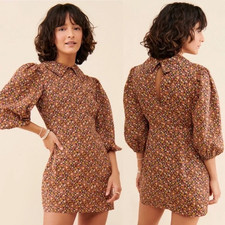 Free People Making Plans Mini Dress 6 NWT Brown Yellow Floral Puff Sleeve Boho