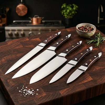Custom 5pc Kitchen Knife Set Handmade Rosewood Mosaic Pin Professional Chef Gift