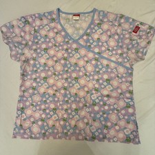 Dickies Uniform Scrub Top Blue w/Frogs  Flowers Pastels Large Preowned A3-4 