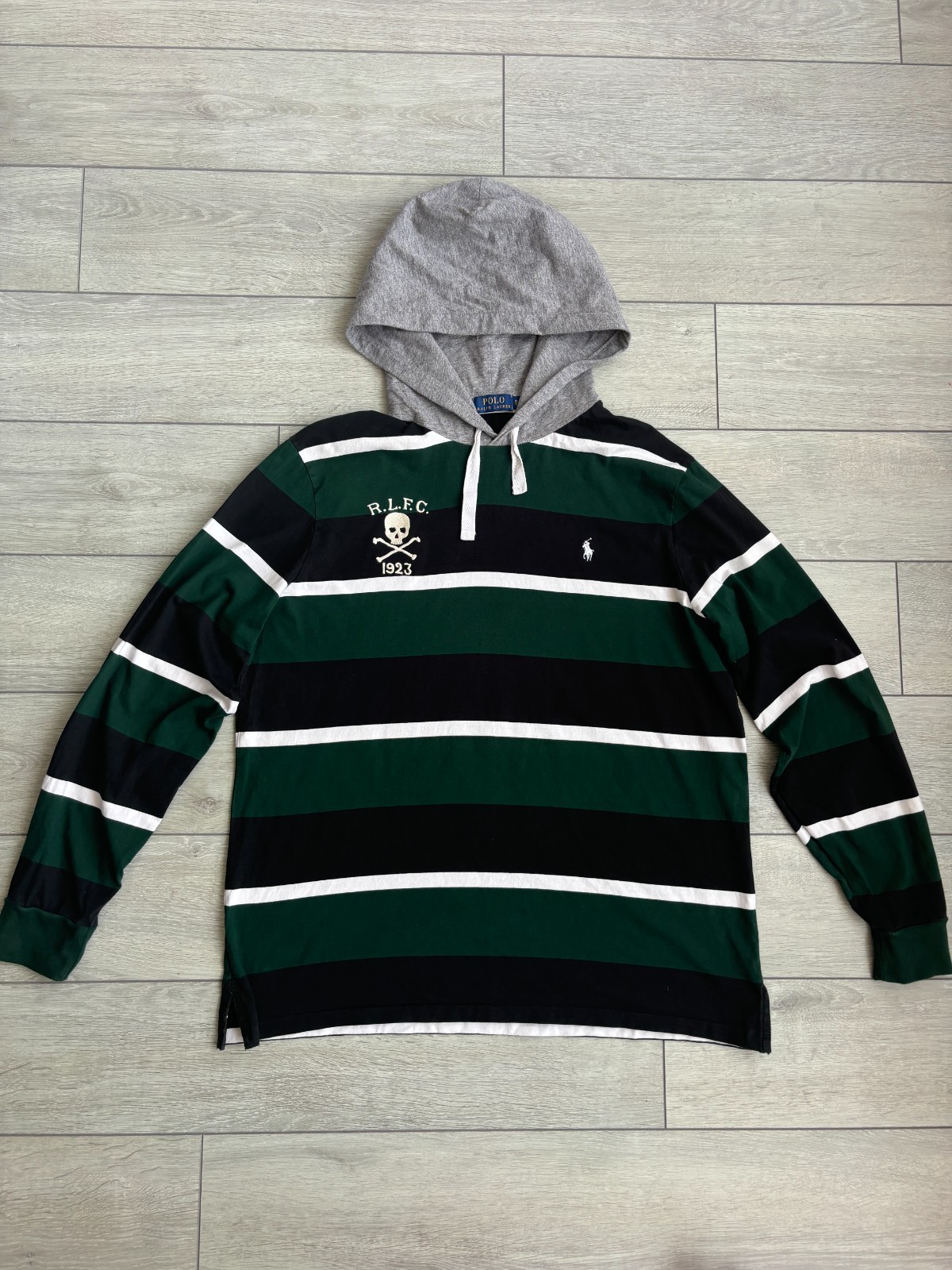 Polo Ralph Lauren felpa con cappuccio uomo nera verde righe teschio ossa incrociate pony taglia XL