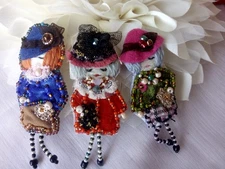 Set of 3 Cute doll pin Elegant woman brooch Collection of Textile jewelry