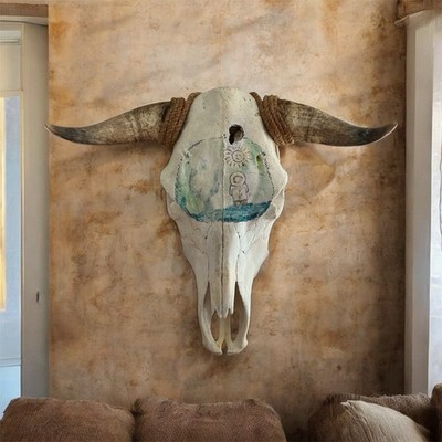 Large Real Steer Skull 20.5  Horn Span Hand Painted Southwestern Western Decor